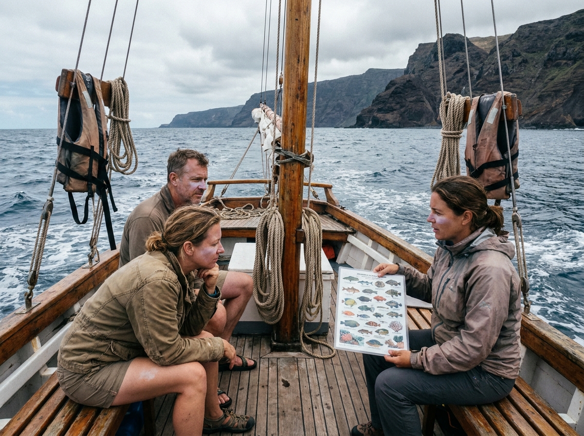 Groupe de voyageurs écotouristiques écoutant un guide marin sur un voilier en bois face à une île volcanique lors d'un voyage nature respectueux