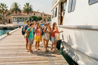 Groupe de familles et amis embarquant sur un ferry blanc pour rejoindre l'île de Porquerolles depuis un port méditerranéen