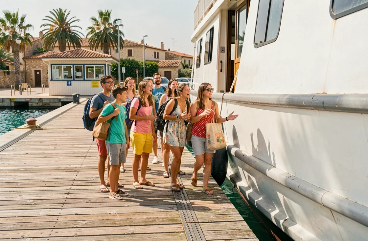 Groupe de familles et amis embarquant sur un ferry blanc pour rejoindre l'île de Porquerolles depuis un port méditerranéen