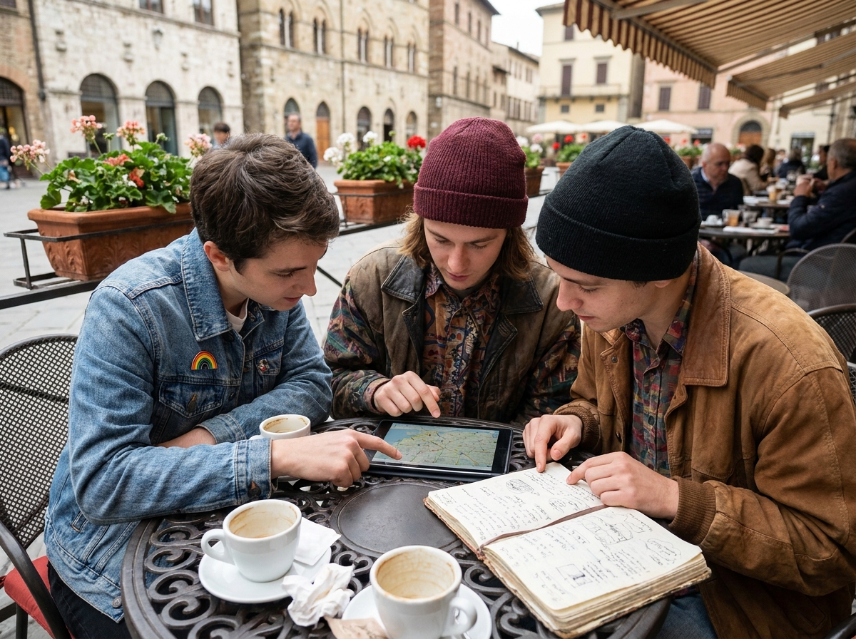 Groupe d'amis LGBTQ+ planifiant un itinéraire de road trip sur une terrasse de café en Europe