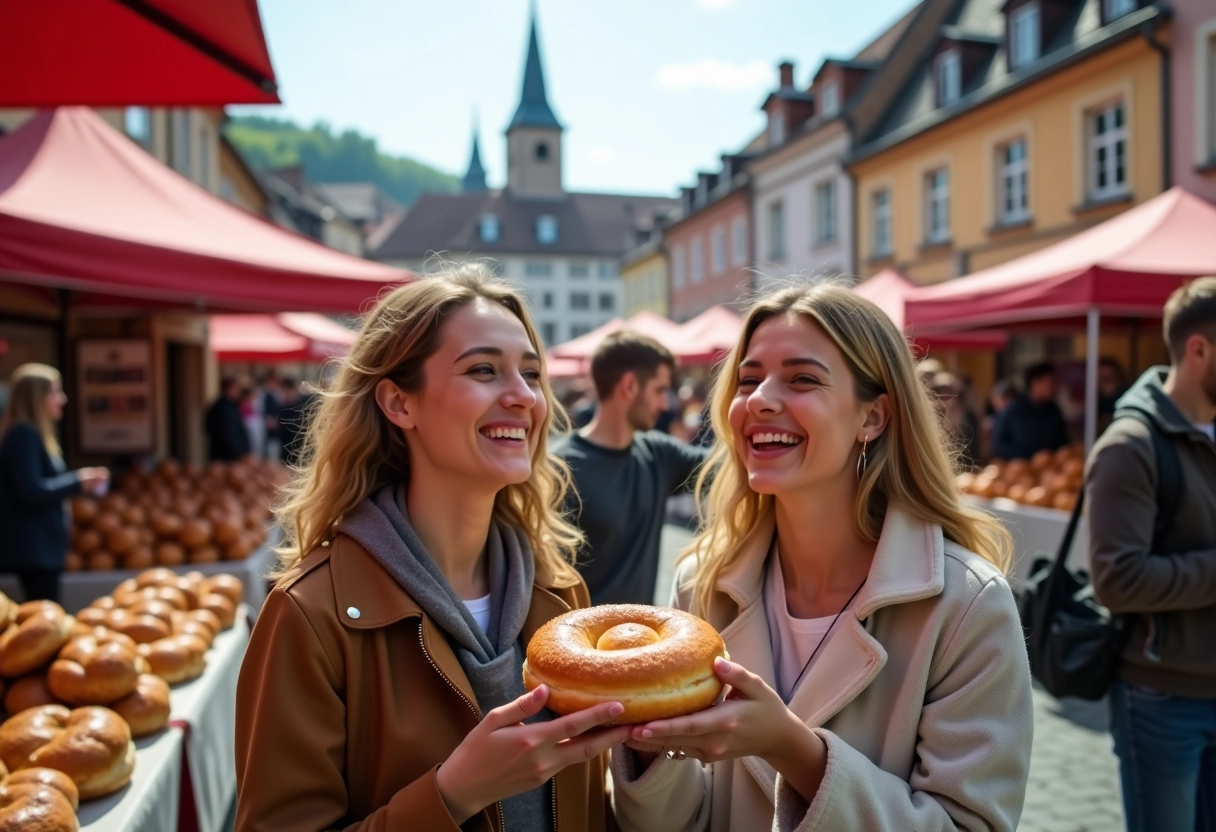 Jeunes dégustant du kougelhopf dans un marché à Colmar