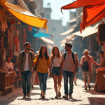 Groupe de touristes guidés dans un marché coloré en ville