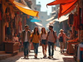 Groupe de touristes guidés dans un marché coloré en ville
