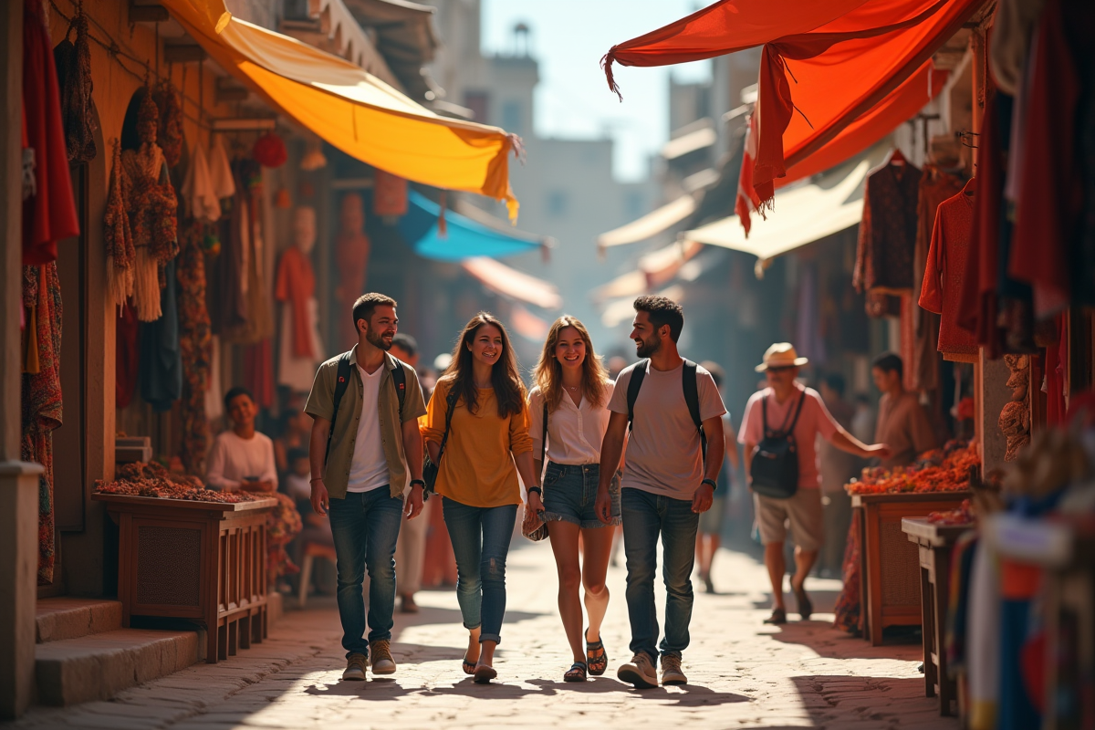 Groupe de touristes guidés dans un marché coloré en ville