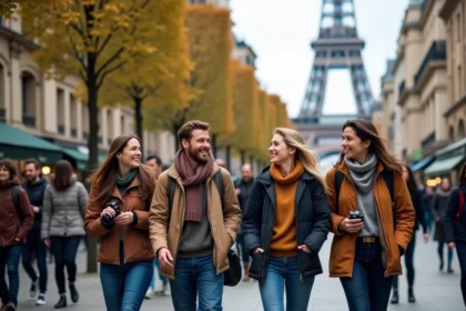 Groupe de touristes souriants devant la tour Eiffel à Paris