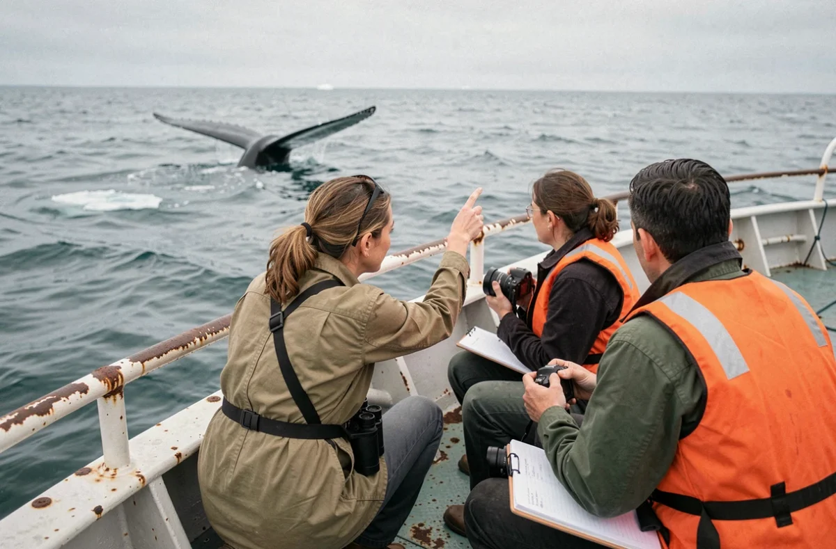 Guide naturaliste et passagers observant une baleine depuis le pont d'un petit bateau d'expédition polaire