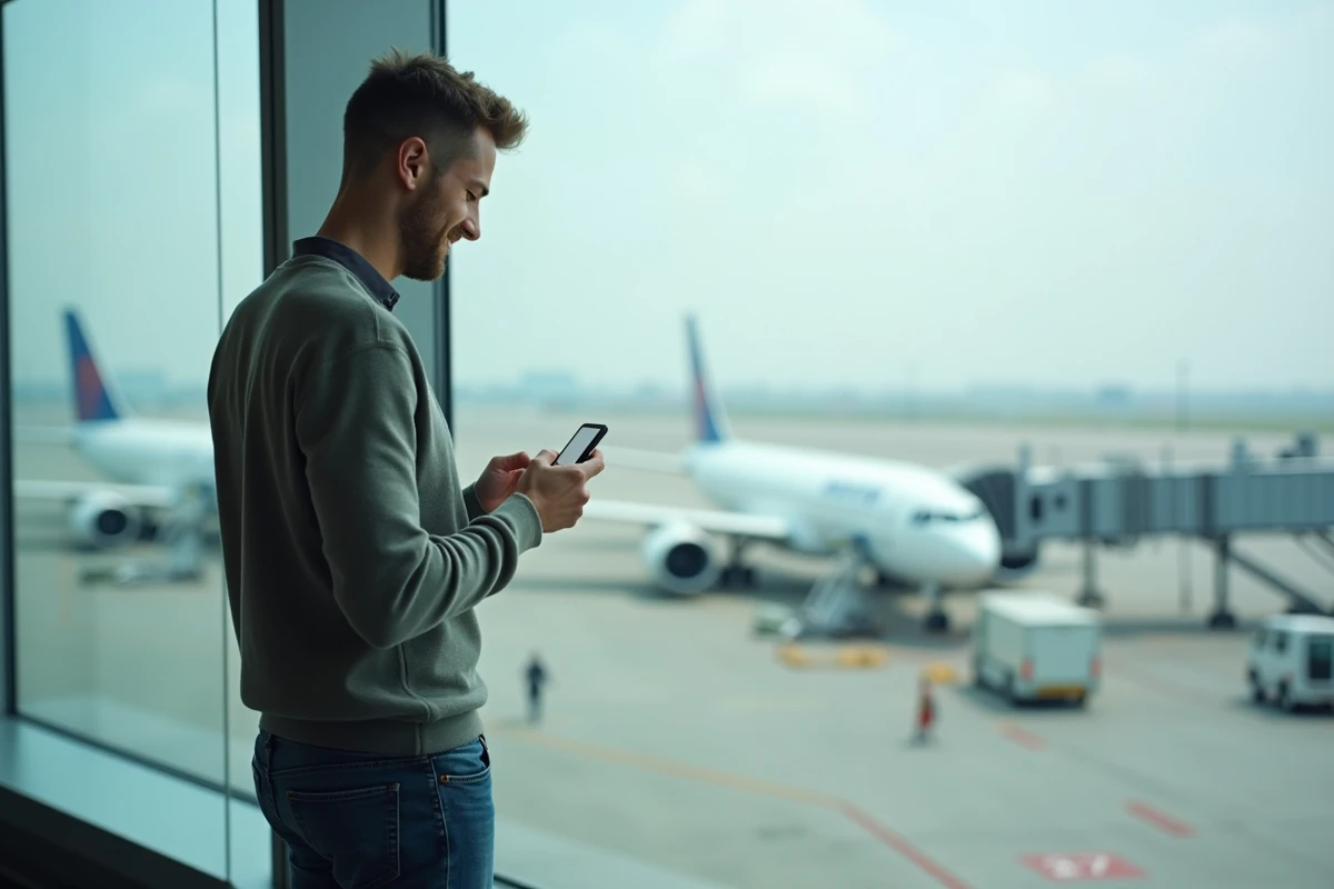 Jeune homme regarde son smartphone dans un terminal aéroport