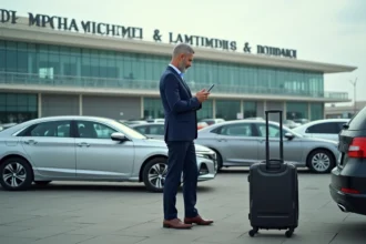 Homme d'affaires nord-africain vérifiant son téléphone près de sa voiture à Casablanca