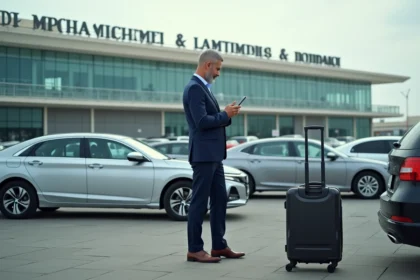 Homme d'affaires nord-africain vérifiant son téléphone près de sa voiture à Casablanca