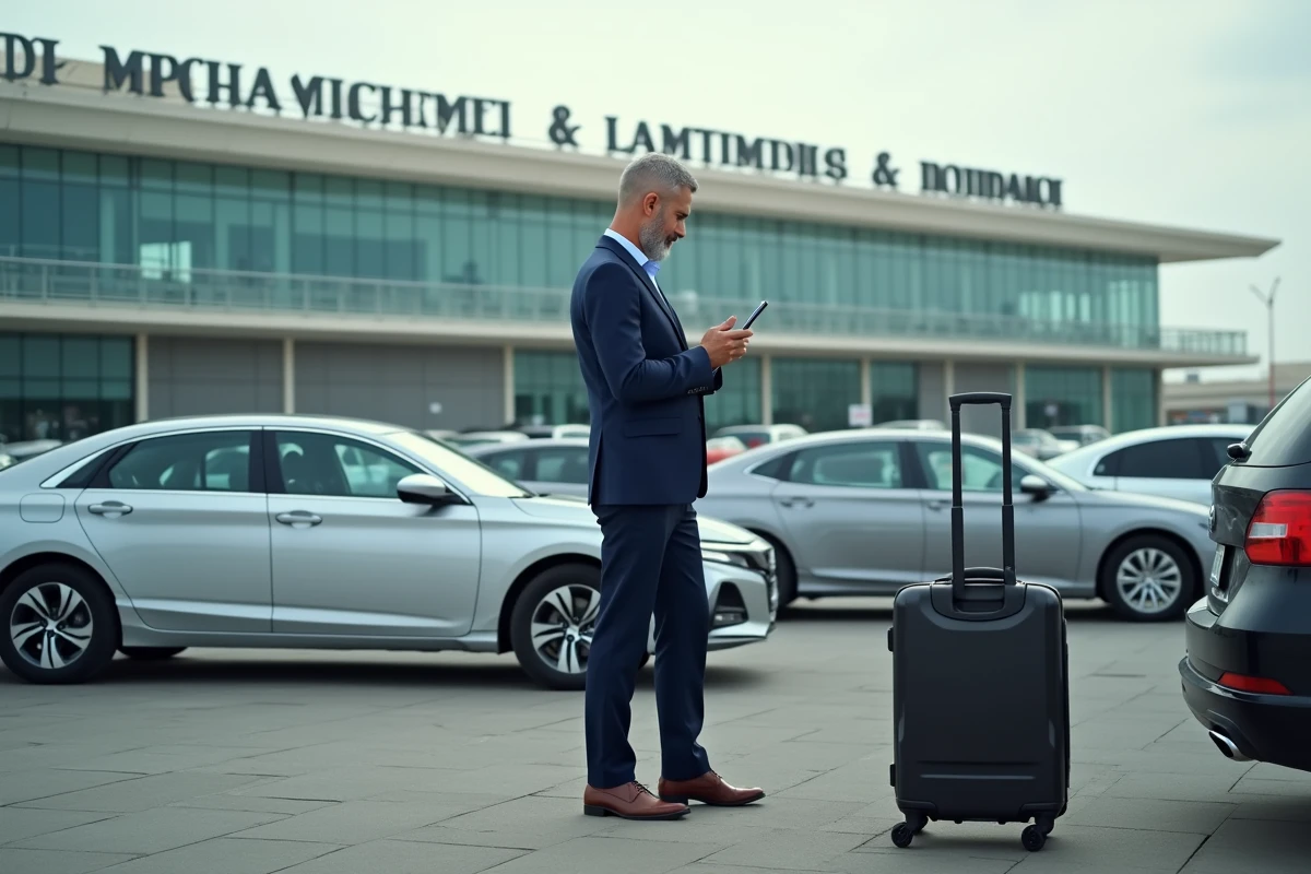Homme d'affaires nord-africain vérifiant son téléphone près de sa voiture à Casablanca
