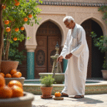 Homme marocain âgé dans un riad traditionnel avec orangers
