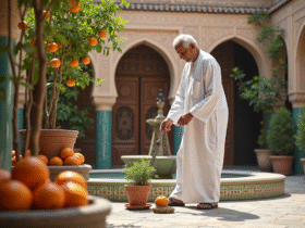 Homme marocain âgé dans un riad traditionnel avec orangers