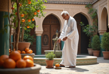 Homme marocain âgé dans un riad traditionnel avec orangers