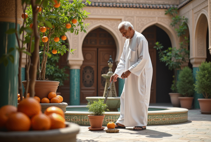Homme marocain âgé dans un riad traditionnel avec orangers
