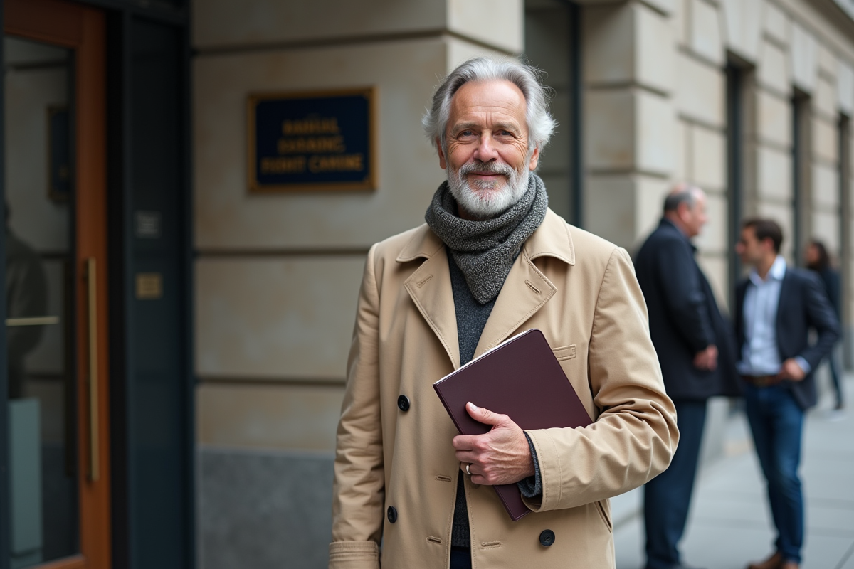 Homme patient avec passeport devant un bâtiment municipal