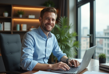 Homme d'affaires dans un bureau moderne vérifiant des réservations