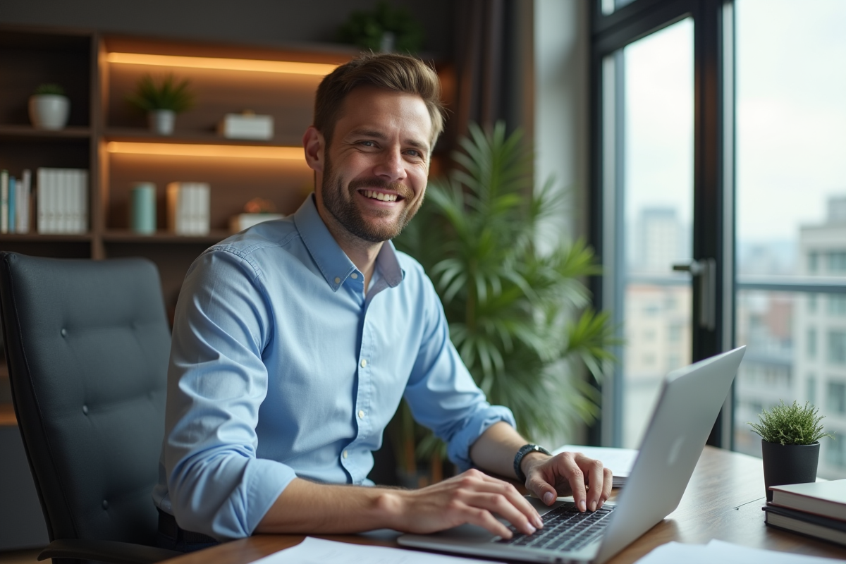 Homme d'affaires dans un bureau moderne vérifiant des réservations