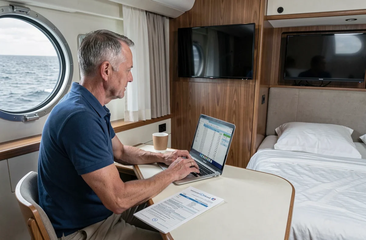 Homme calculant le coût d'une croisière Aida sur un ordinateur portable dans sa cabine à bord du navire