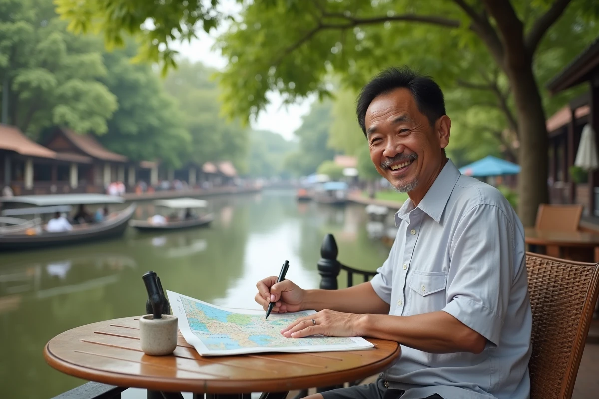 Homme asiatique souriant lisant une carte dans un café à Chiang Mai