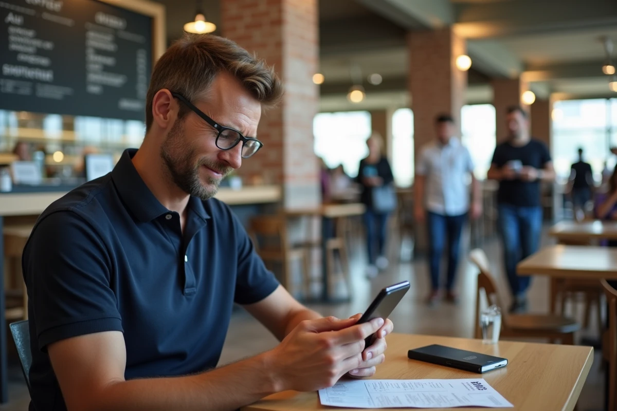 Homme comparant les prix de vols low cost sur smartphone dans un café d'aéroport avec passeport et carte d'embarquement