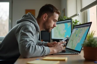 Homme consultant un itinéraire Mappy sur ordinateur portable et smartphone pour optimiser son trajet et réduire ses coûts