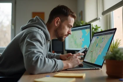 Homme consultant un itinéraire Mappy sur ordinateur portable et smartphone pour optimiser son trajet et réduire ses coûts