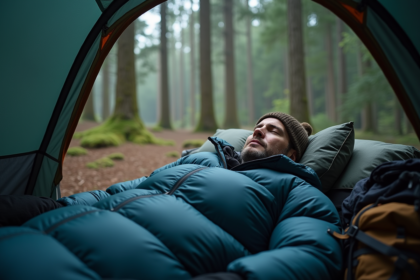 Homme dormant dans une tente moderne en forêt