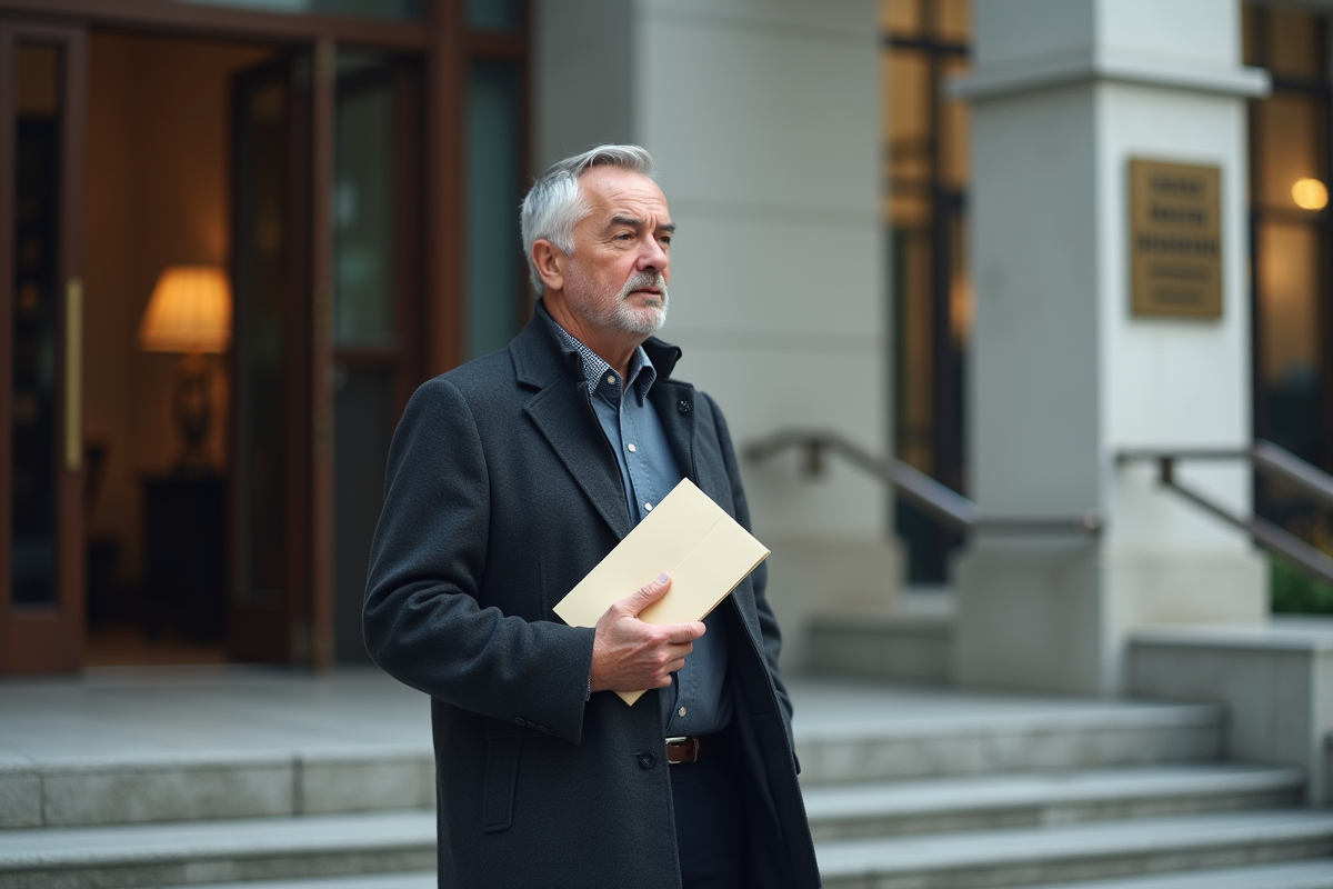 Homme dehors devant un bâtiment officiel