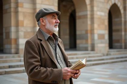 Homme iranien devant le mausolee d'Avicenna à Hamadan