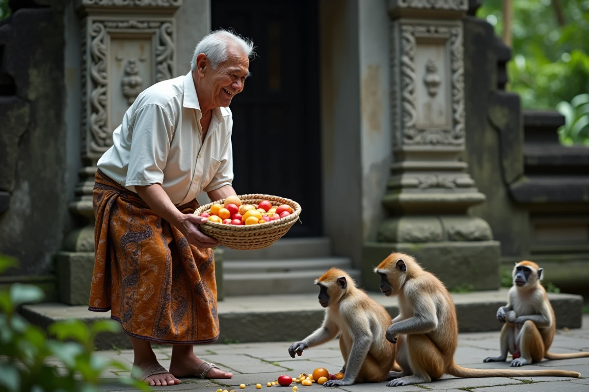 Homme balinais nourrissant des macaques au temple