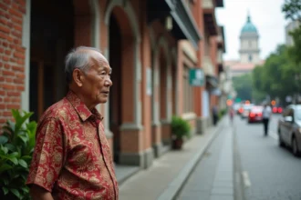 Homme malaisien âgé en tenue traditionnelle devant bâtiment colonial