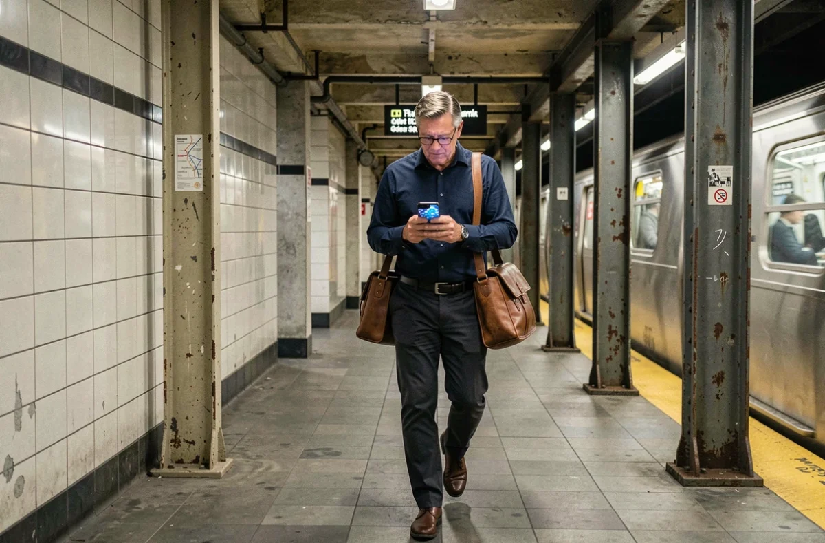 Homme d'affaires consultant son téléphone dans le métro de New York pour rejoindre Brooklyn ou Queens depuis l'aéroport LaGuardia