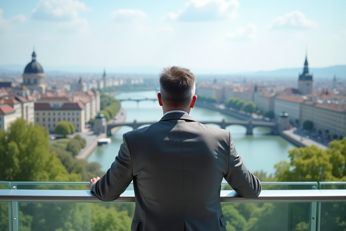 Homme admirant panorama urbain depuis terrasse ensoleillee