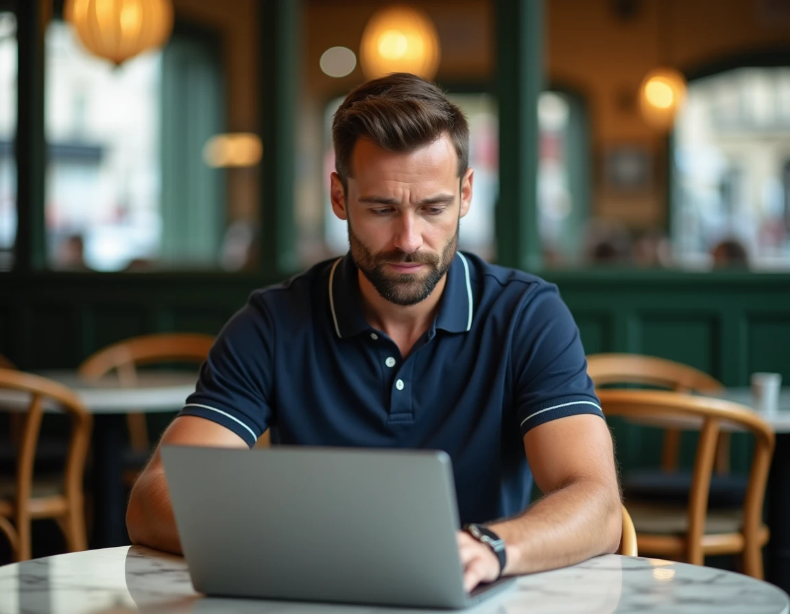Homme relisant un message électronique de vacances sur son ordinateur portable dans un café parisien