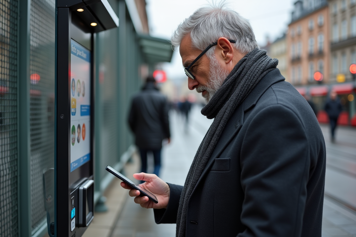 Homme scannant son e-ticket à un kiosque extérieur