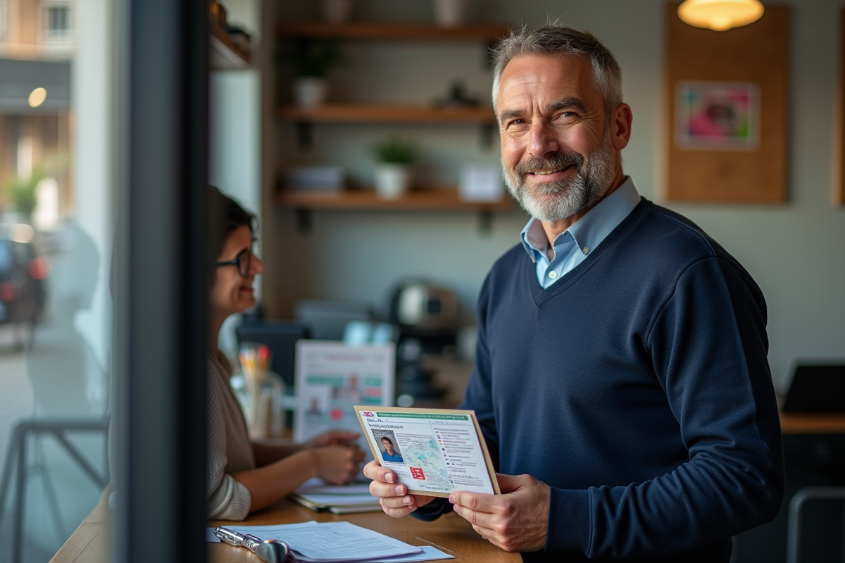 Homme remettant permis de conduire à un agent dans une agence de traduction
