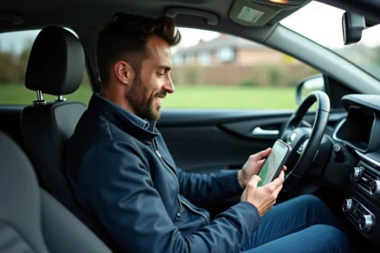 Homme en voiture vérifiant son smartphone avec GPS