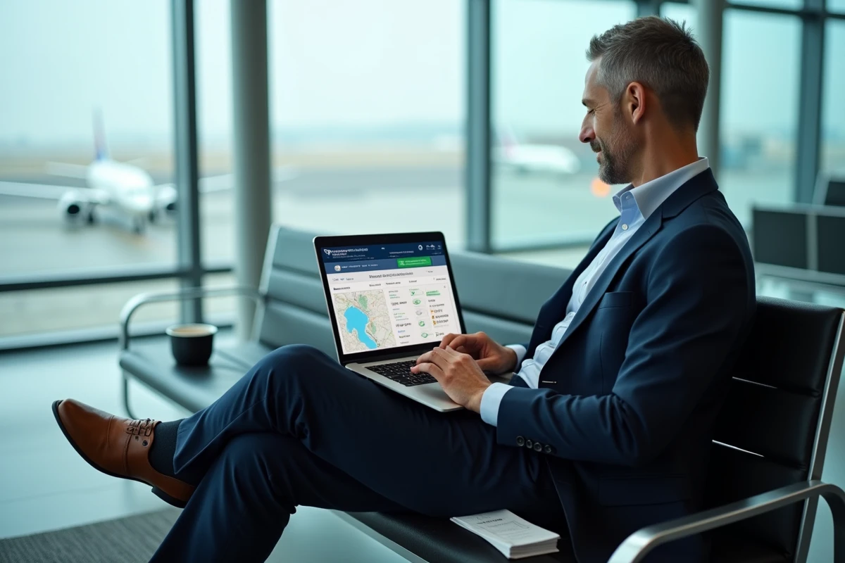 Homme consultant un site de suivi de vol en direct sur son ordinateur portable à l'aéroport