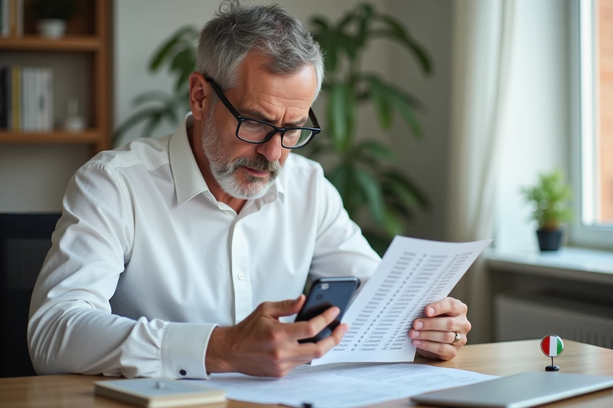 Homme d age avec smartphone et drapeau italien
