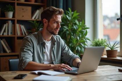 Homme en tenue décontractée travaillant sur son ordinateur dans un appartement chaleureux