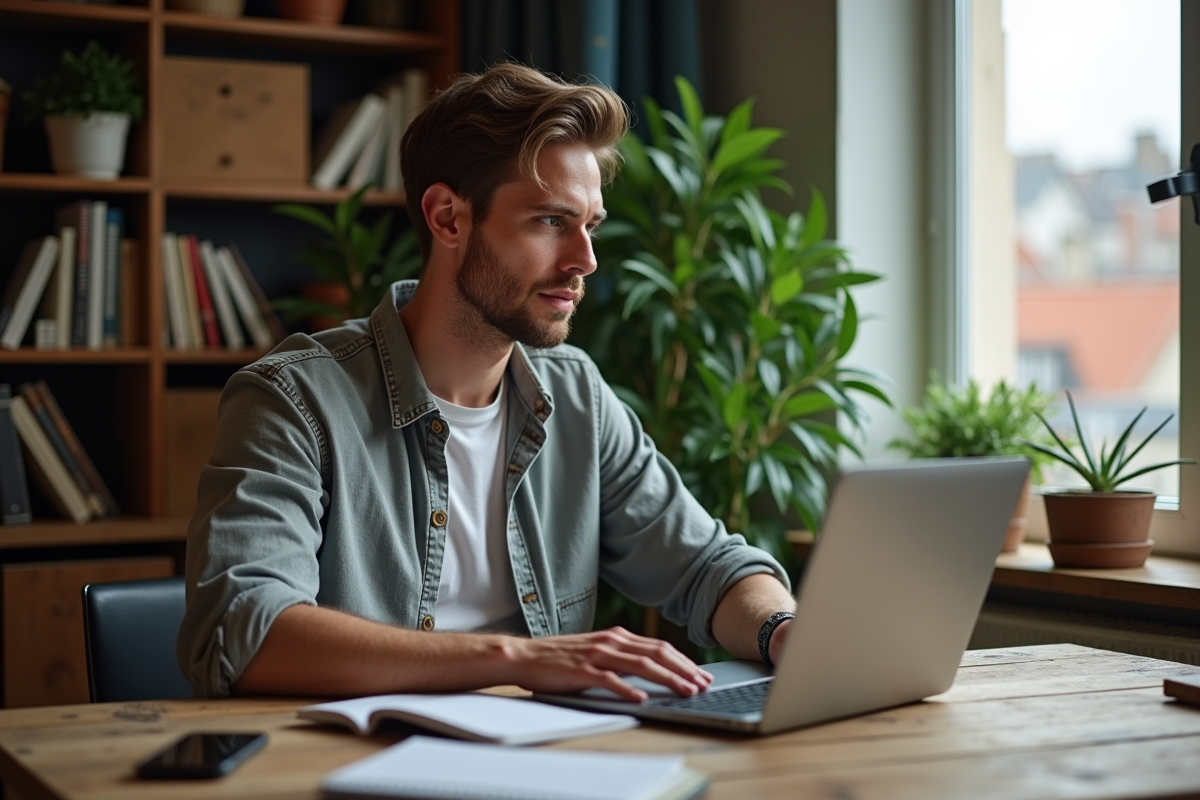 Homme en tenue décontractée travaillant sur son ordinateur dans un appartement chaleureux