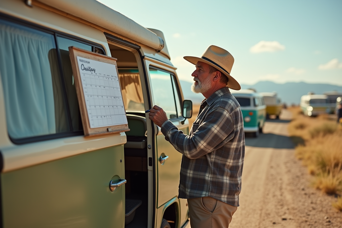 Homme âgé écrivant sur un calendrier devant son van vintage