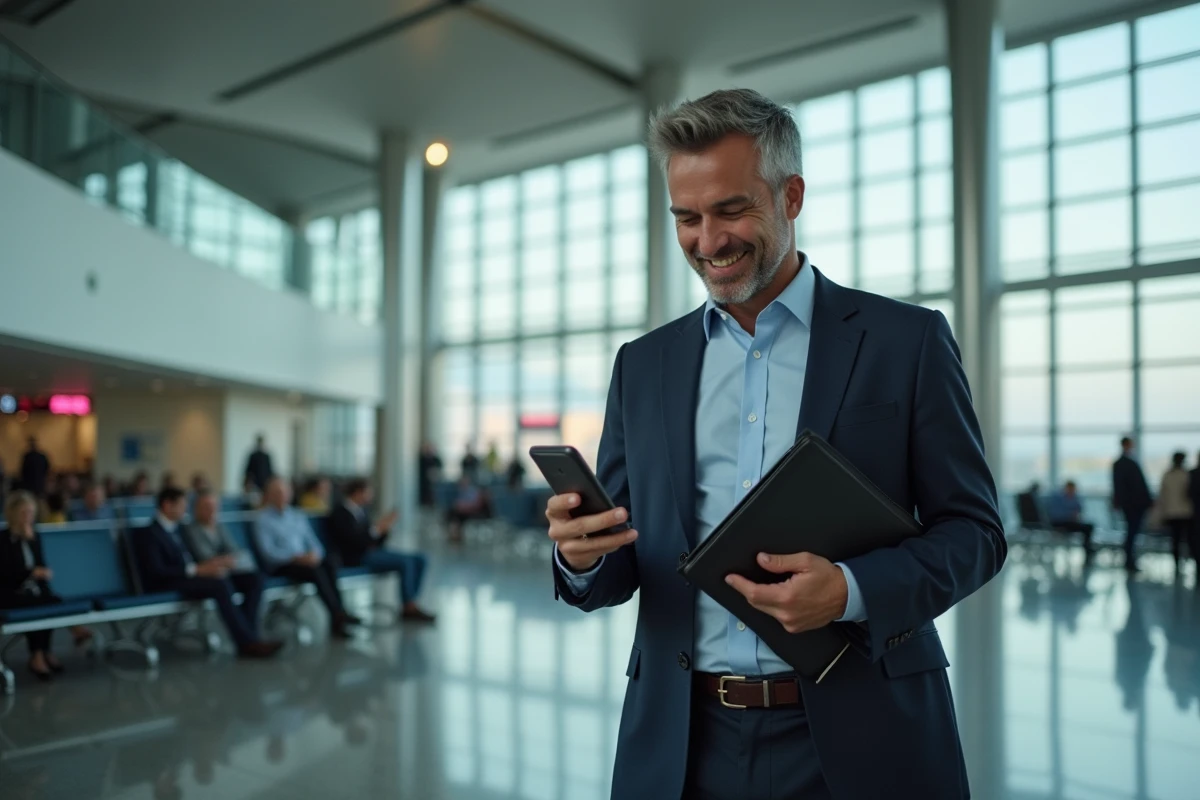 Homme d affaires dans un terminal d aéroport avec smartphone