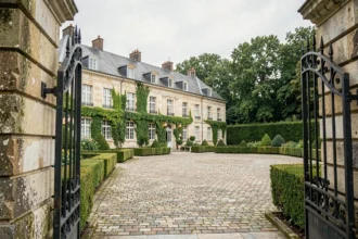 Vue grand angle d'un hôtel de charme en pierres de taille dans les Hauts-de-France, entouré de jardins soignés