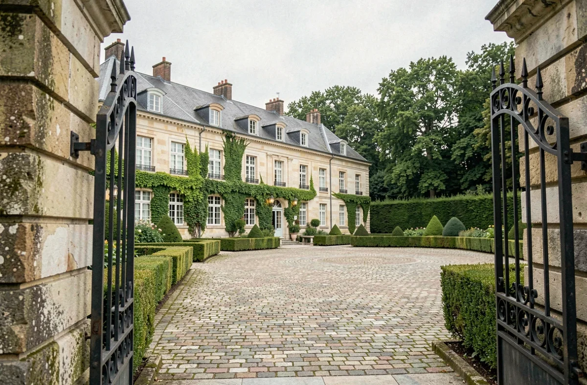 Vue grand angle d'un hôtel de charme en pierres de taille dans les Hauts-de-France, entouré de jardins soignés