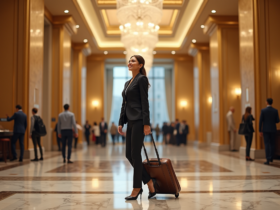 Hôtesse élégante dans un lobby d'hôtel luxueux