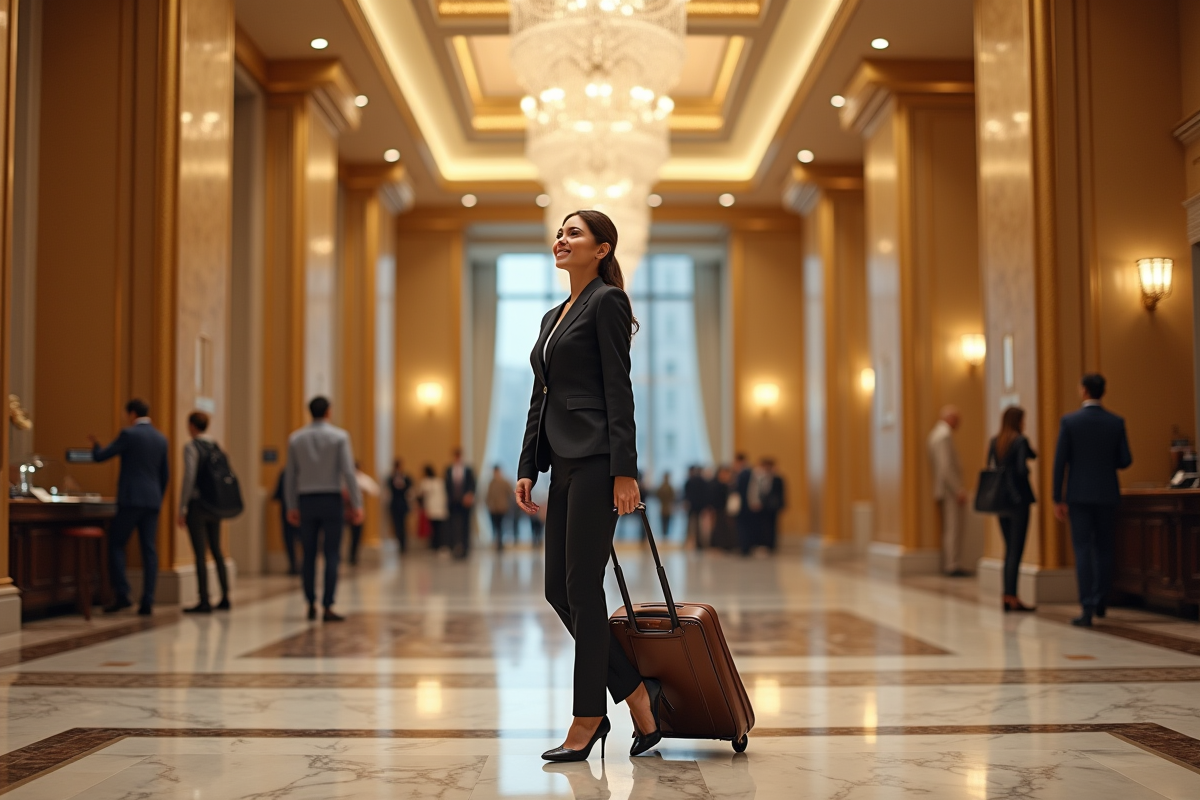 Hôtesse élégante dans un lobby d'hôtel luxueux