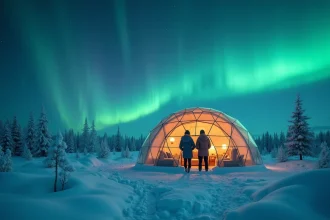 Igloo de verre en Islande avec aurore boréale verte et violette dans le ciel étoilé, couple visible à l'intérieur au chaud