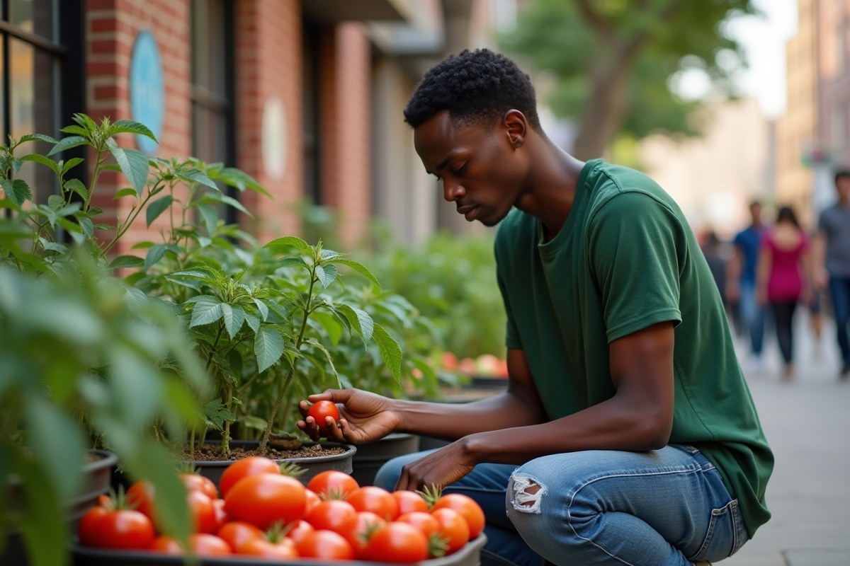 Jeune homme zimbabween inspectant des tomates en ville