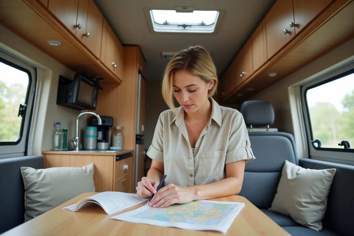Intérieur aménagé d'un camping-car Hymmer avec femme consultant une carte routière à la table de bord